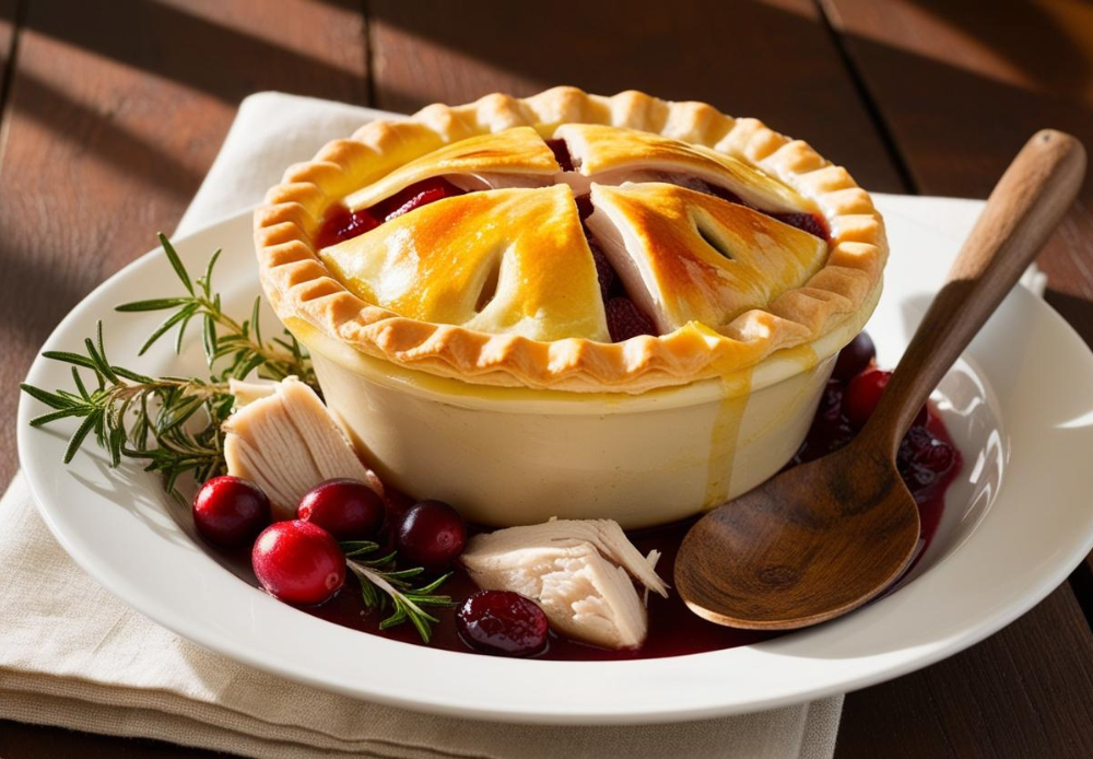 Golden Turkey and Cranberry Pot Pie with a flaky crust served in a rustic bowl surrounded by fresh cranberries and rosemary sprigs.
