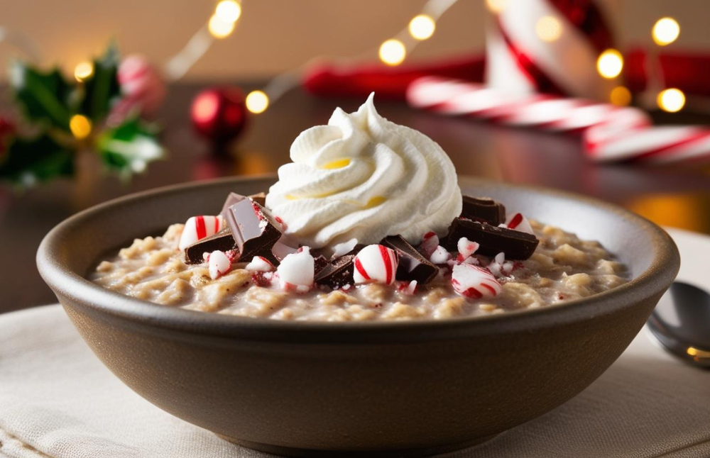 A bowl of Peppermint Mocha Oatmeal topped with whipped cream, dark chocolate chunks, and crushed peppermint candies, with a festive background.