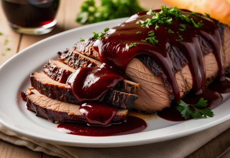 Slow roasted brisket slices draped with red wine sauce and garnished with parsley on a white platter.
