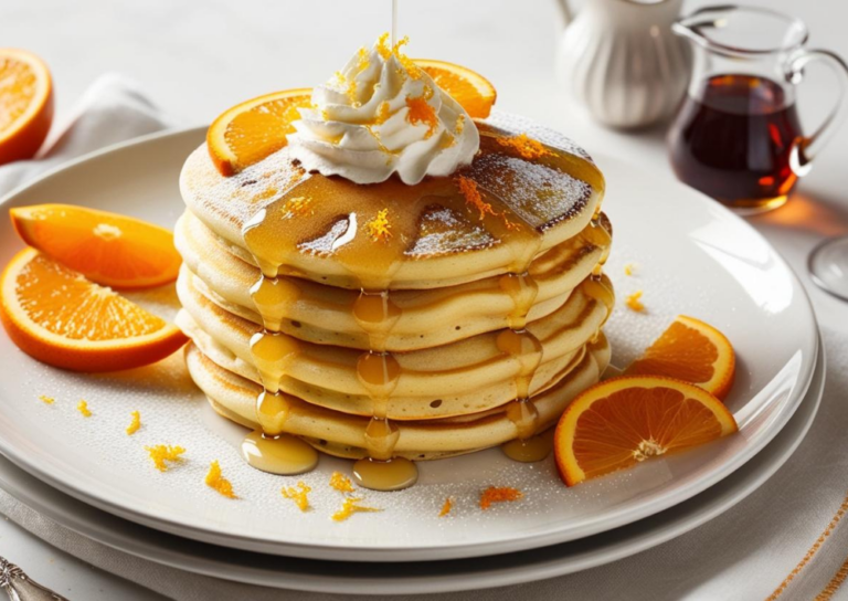 A stack of Sparkling Citrus Mimosa Pancakes topped with whipped cream, orange zest, and syrup drizzles on a white plate.