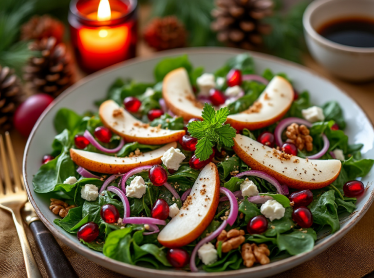 A festive winter salad with fresh greens, pear slices, pomegranate seeds, walnuts, red onion, and feta cheese, served on a white plate with holiday decorations in the background.