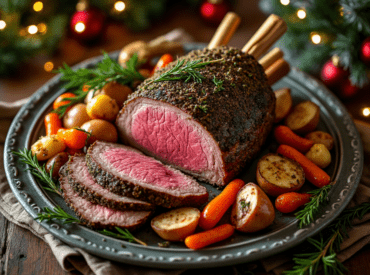 Sliced herb-crusted prime rib surrounded by roasted vegetables with festive holiday decor in the background.