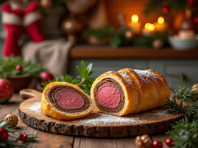 Beef Wellington sliced on a wooden board with Christmas decorations in the background.