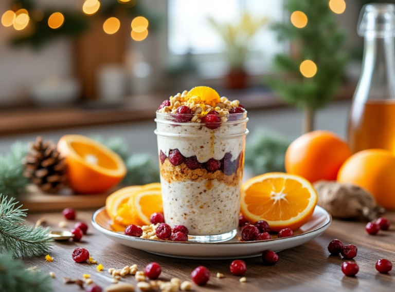 A festive jar of Cranberry Orange Overnight Oats topped with fresh orange slices, cranberries, and nuts, surrounded by oranges and greenery in a cozy kitchen.