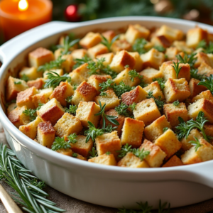 A white ceramic dish of golden, crispy Gluten-Free Stuffing garnished with fresh rosemary and parsley, set on a festive table with holiday candles and décor.