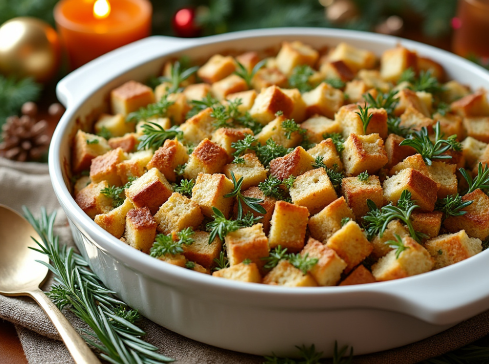 A white ceramic dish of golden, crispy Gluten-Free Stuffing garnished with fresh rosemary and parsley, set on a festive table with holiday candles and décor.