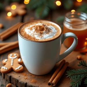 A mug of creamy gingerbread latte with cinnamon sticks and gingerbread cookies, perfect for the holidays.