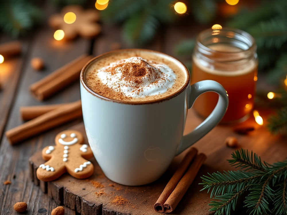 A mug of creamy gingerbread latte with cinnamon sticks and gingerbread cookies, perfect for the holidays.