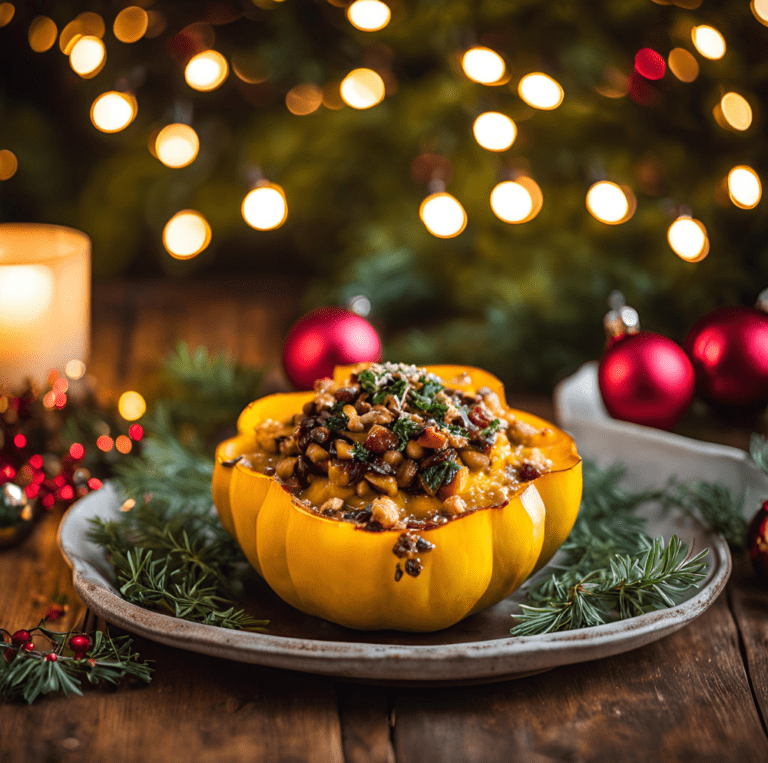 Acorn squash filled with festive vegetables and grains, surrounded by Christmas lights and ornaments.