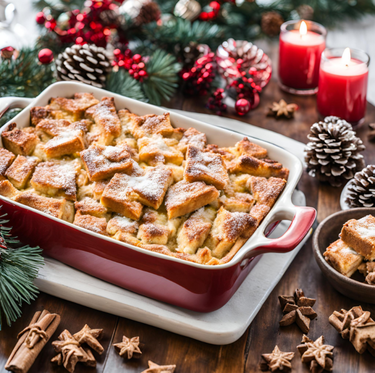 A freshly baked Eggnog French Toast Bake in a festive red casserole dish, surrounded by pinecones, cinnamon sticks, and Christmas decorations.