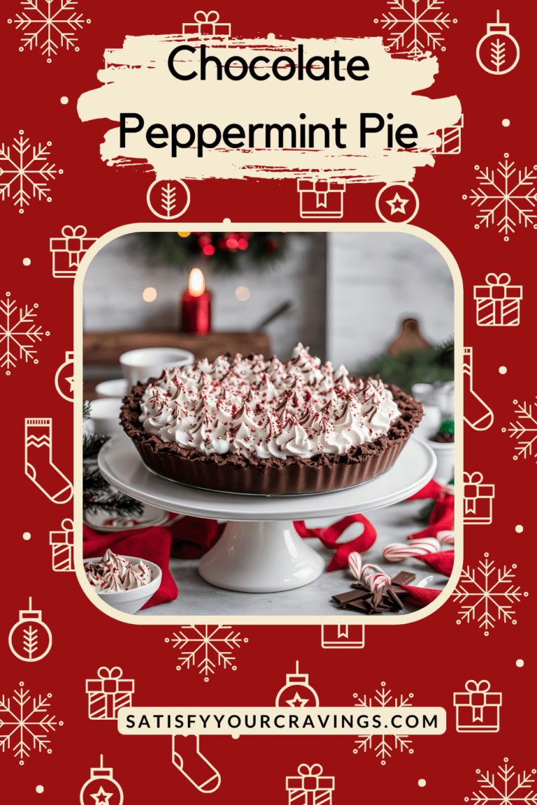 A holiday-themed graphic with the title "Chocolate Peppermint Pie" and the URL "satisfyyourcravings.com," featuring a pie image as the centerpiece.