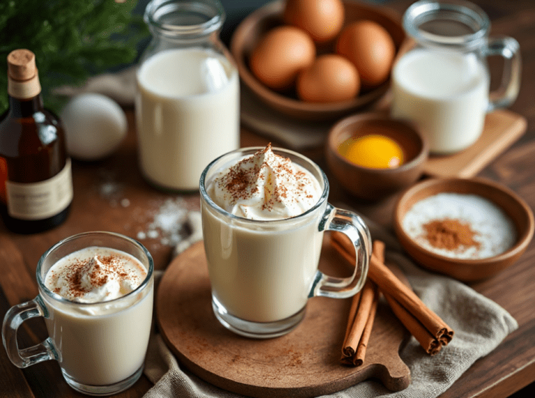 A holiday table setup with eggnog in a pitcher and mugs, surrounded by eggs, cinnamon, and festive greenery.