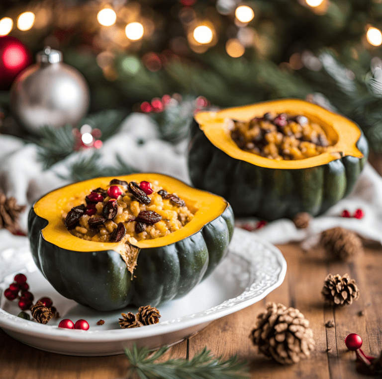 Two halves of acorn squash stuffed with quinoa, raisins, and cranberries on a festive holiday table.