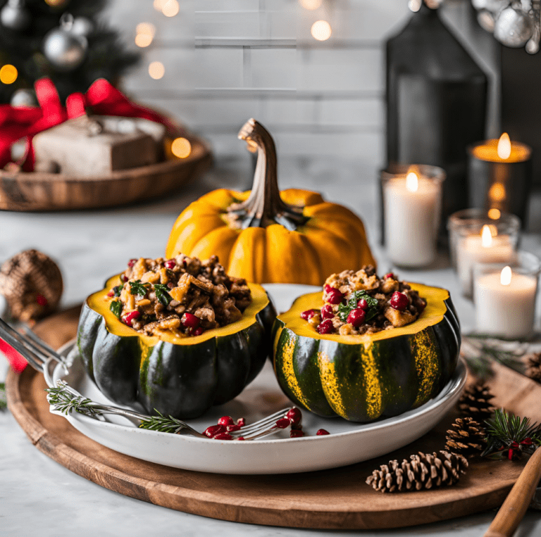 Two stuffed acorn squash halves with quinoa and cranberries served on a white plate with holiday decor in the background.