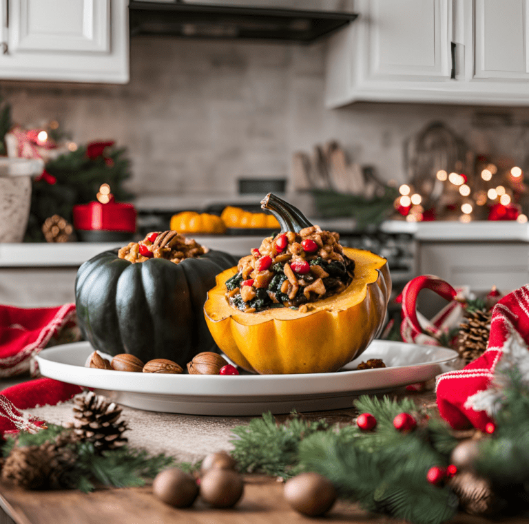 Yellow and green acorn squash filled with a festive stuffing, served on a platter with Christmas decorations in a warm kitchen.