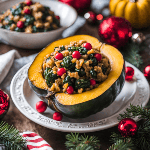 Single acorn squash half stuffed with greens, cranberries, and quinoa, surrounded by Christmas ornaments.