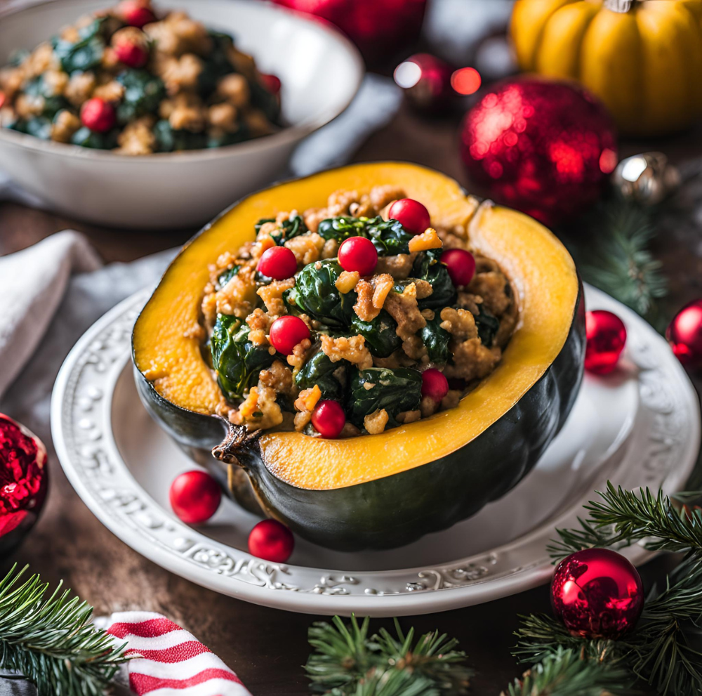 Single acorn squash half stuffed with greens, cranberries, and quinoa, surrounded by Christmas ornaments.