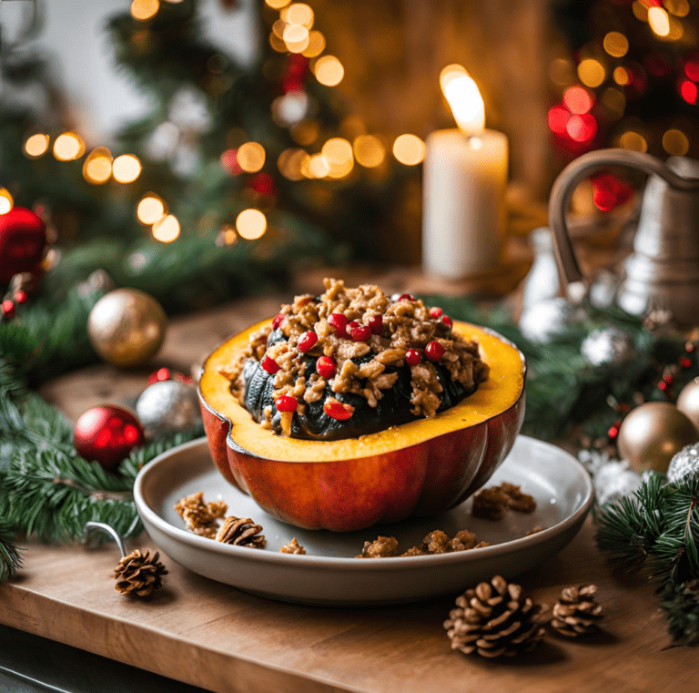 Close-up of roasted acorn squash stuffed with quinoa, greens, and cranberries, surrounded by Christmas lights and pinecones.