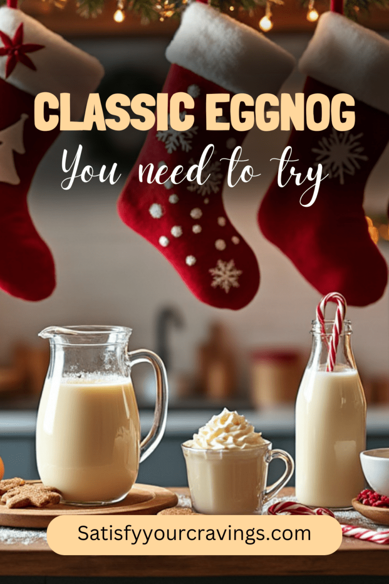 A holiday-themed graphic with a pitcher and mug of eggnog under Christmas stockings, decorated with festive text reading, "Classic Eggnog You Need to Try."