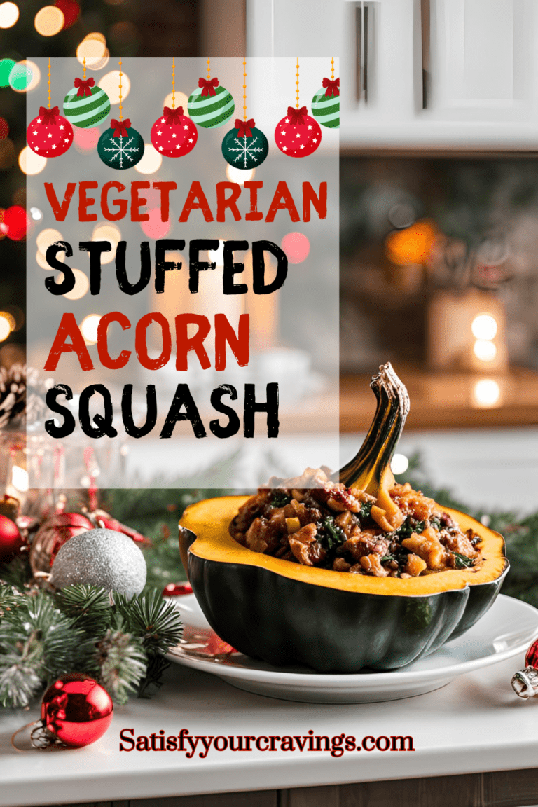 A graphic image of stuffed acorn squash with a festive holiday theme and the text "Vegetarian Stuffed Acorn Squash."