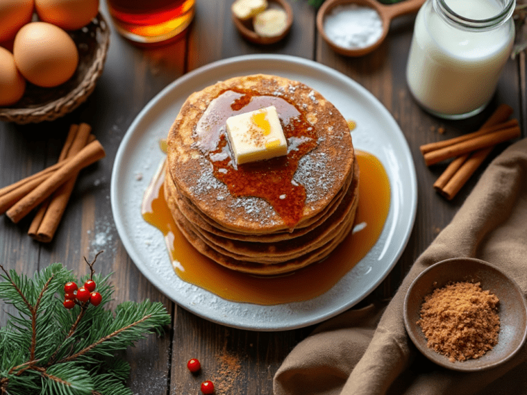 Plate of gingerbread pancakes topped with syrup and butter, styled with holiday ingredients like milk, eggs, and cinnamon sticks.