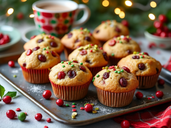 Holiday-themed muffins decorated with red and green sprinkles on a festive tray with cranberries and holiday mugs.