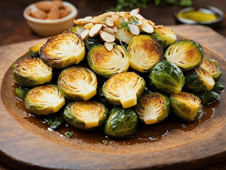 A rustic wooden plate stacked with golden-brown roasted Brussels sprouts topped with toasted almonds.