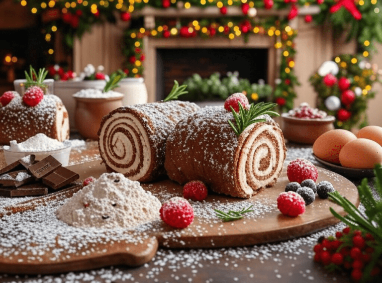 Chocolate yule log slices garnished with powdered sugar, berries, and rosemary, placed on a rustic cutting board.