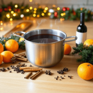 A pot of mulled wine surrounded by spices, oranges, and greenery on a wooden table in a Christmas-decorated room.