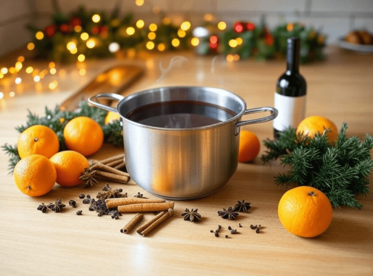 A pot of mulled wine surrounded by spices, oranges, and greenery on a wooden table in a Christmas-decorated room.