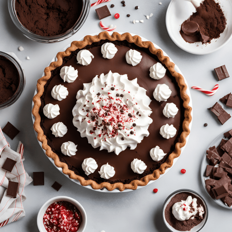 A chocolate peppermint pie with a crispy crust, whipped cream rosettes, and a sprinkle of crushed candy canes and chocolate chips. Peppermint-themed ingredients decorate the scene.