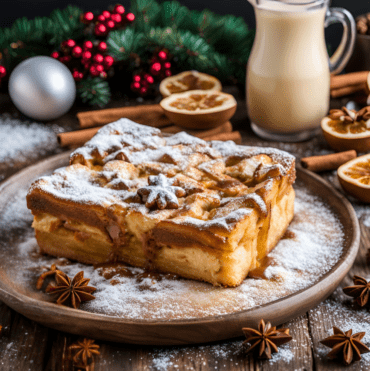 A rustic serving of Eggnog French Toast Bake topped with powdered sugar and surrounded by holiday decor.