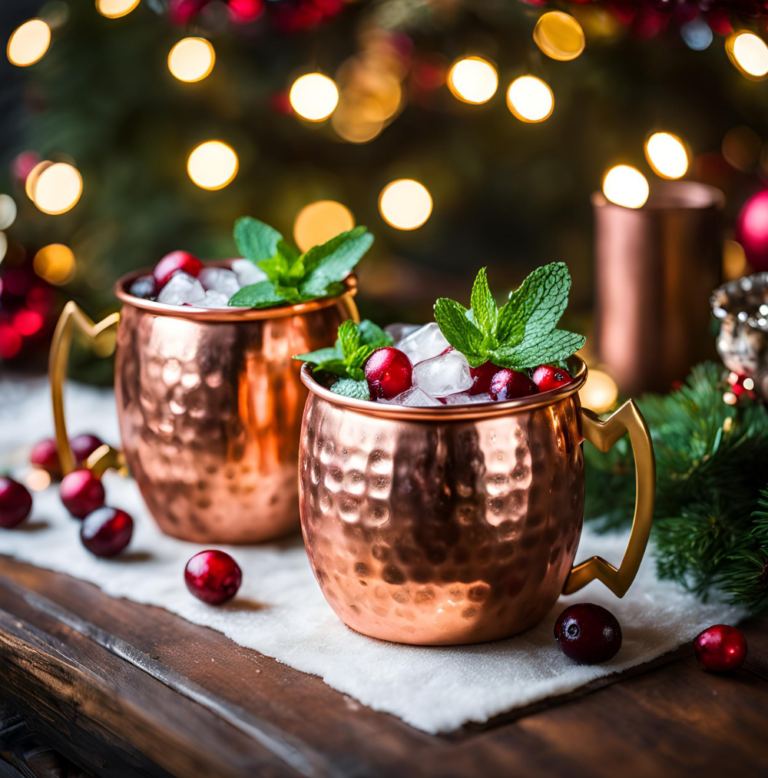 Two Copper Mugs Filled with Cranberry Moscow Mule Surrounded by Holiday Lights