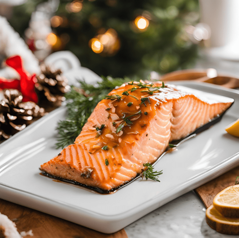 Golden baked salmon with maple glaze on a white platter, garnished with fresh dill and a Christmas tree in the background.