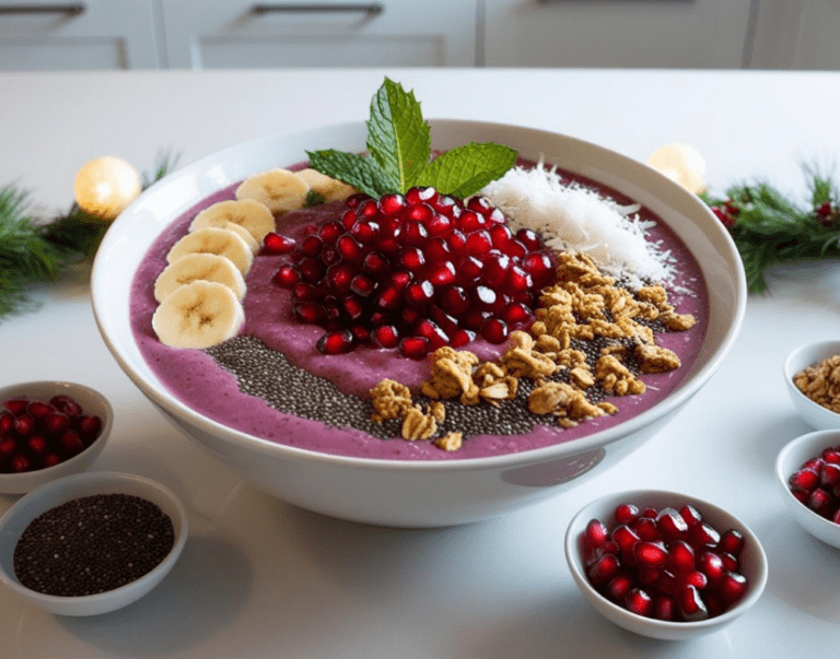 A pomegranate smoothie bowl served on a holiday-decorated counter, topped with fresh fruit, granola, and coconut.