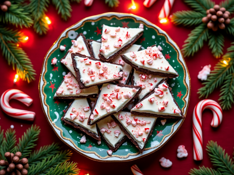 Holiday peppermint bark arranged on a decorative green plate with candy cane decorations.