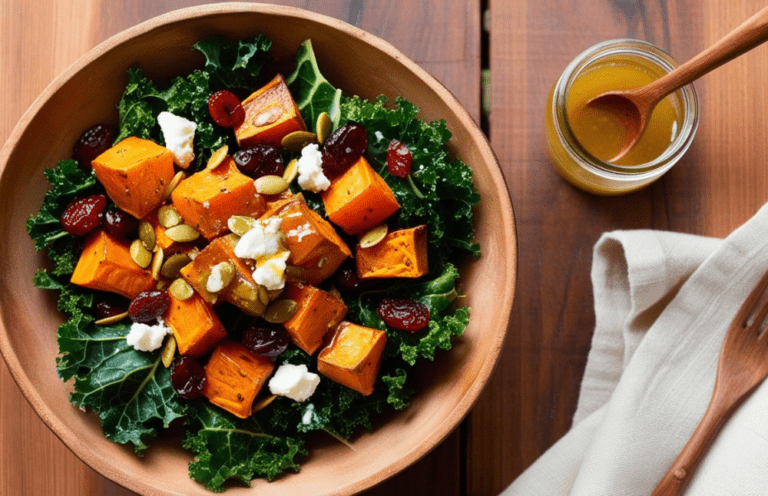 Top-down view of a roasted sweet potato and kale salad with a jar of dressing on the side.