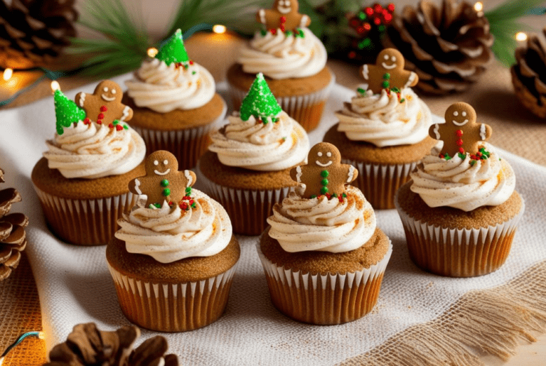 A batch of gingerbread cupcakes decorated with cream cheese frosting, gingerbread men, and green Christmas tree toppers.