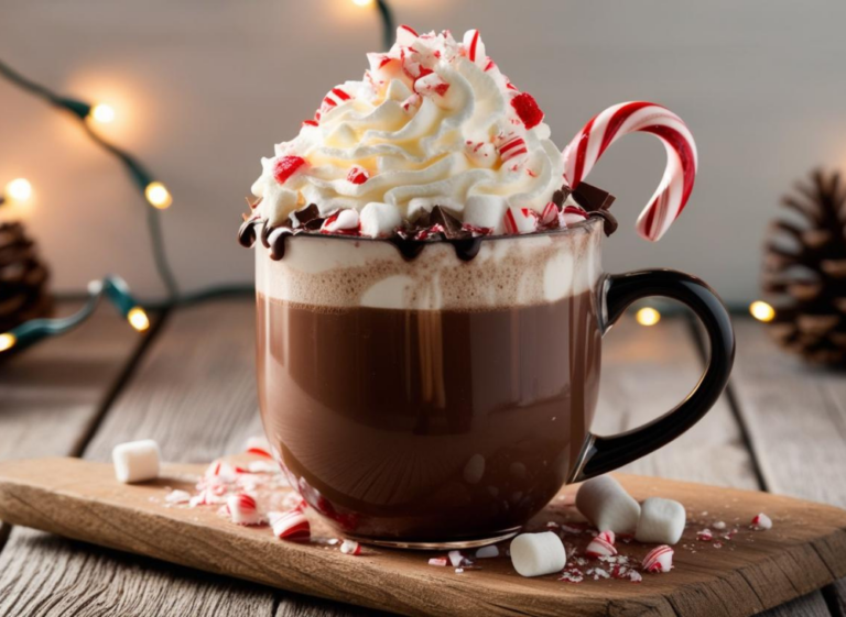 Close-up of a mug of peppermint hot chocolate on a wooden board with whipped cream, crushed candy canes, and holiday lights in the background.