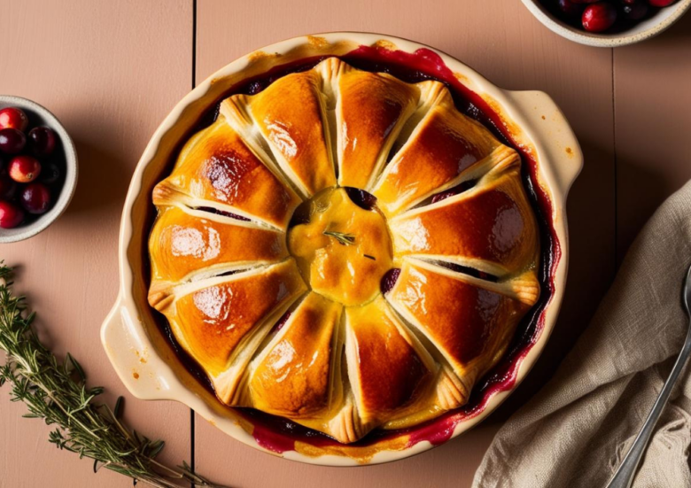 Top-down view of a golden Turkey and Cranberry Pot Pie with a beautifully decorated puff pastry crust.