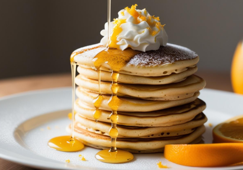 Close-up of Sparkling Citrus Mimosa Pancakes with syrup dripping over the edges and whipped cream on top.