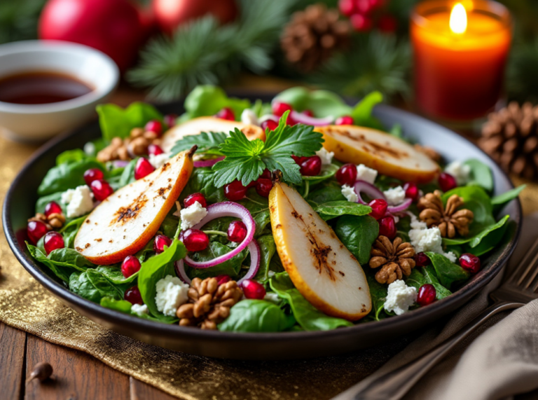 Close-up of a holiday salad with pear slices, pomegranate seeds, walnuts, and feta, displayed on a black plate with a golden tablecloth.