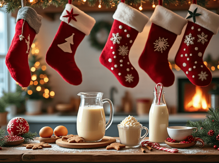 A pitcher and mugs of creamy eggnog on a holiday-decorated table with Christmas stockings and festive lights in the background.