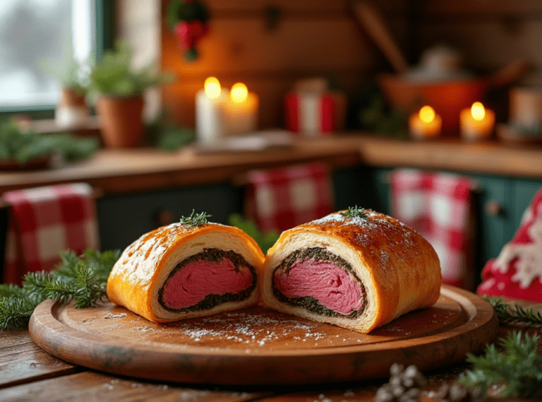 A sliced Beef Wellington on a round wooden platter in a cozy Christmas-themed kitchen.