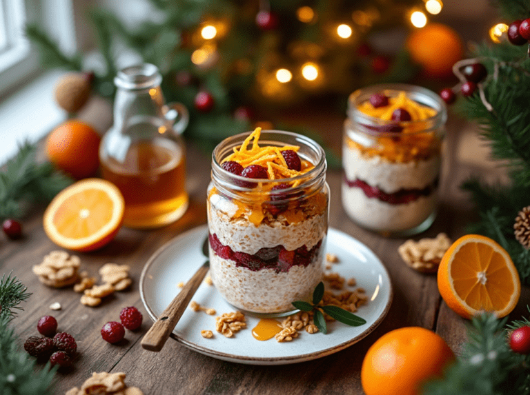 Two jars of layered Cranberry Orange Overnight Oats topped with orange zest and cranberries, surrounded by Christmas greenery, walnuts, and honey.