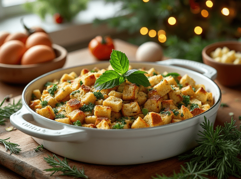 A white ceramic dish filled with golden-baked Gluten-Free Stuffing garnished with fresh mint and parsley, surrounded by holiday decorations and ingredients.