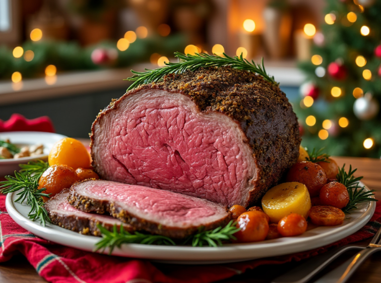 Whole herb-crusted prime rib with roasted vegetables, set in a cozy Christmas kitchen.