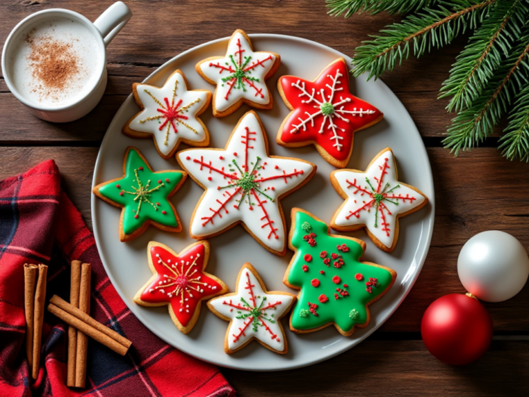 Star-shaped Christmas cookies with intricate red and green designs on a white plate, paired with a mug of hot cocoa.