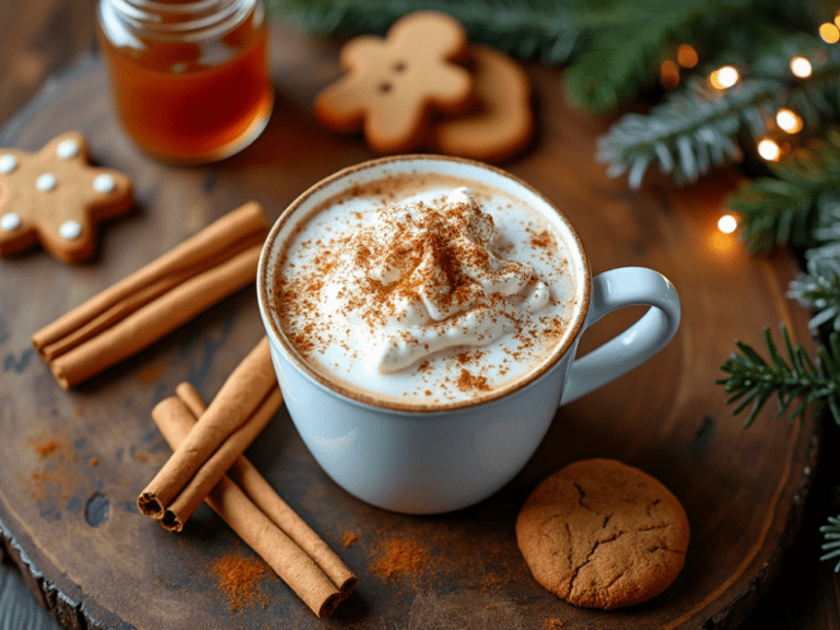 Overhead view of a gingerbread latte surrounded by gingerbread cookies and holiday decorations.