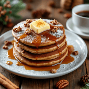 Gingerbread pancakes topped with pecans, powdered sugar, and a drizzle of syrup on a rustic table.